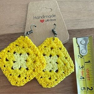 Handmade Yellow Crochet Granny Square Earrings, Lightweight Cotton Thread